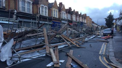 Scaffolding blown over in London