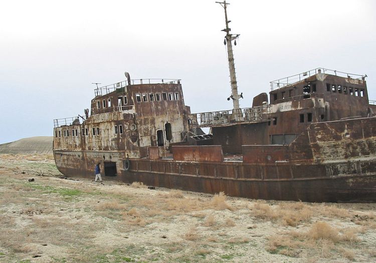 60 miles from the coast lies this large rusting ship.