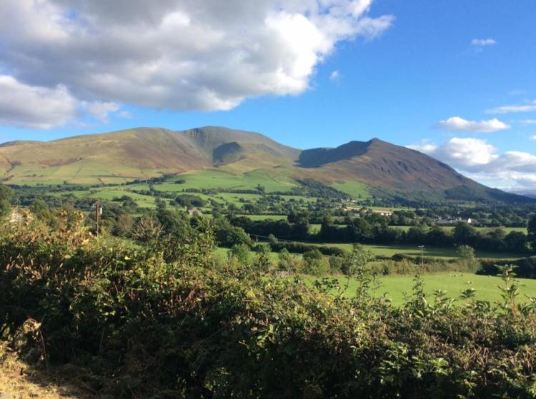Skiddaw - 3,054 feet or 931 metres tall.  My route would be to climb up through the wood in the centre and reach the ridge and then follow it round up and right to the peak opposite.