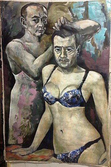 A painting protesting against the position of the LGBT community in Russia depicting Presidents Medvedev and Putin as lovers.